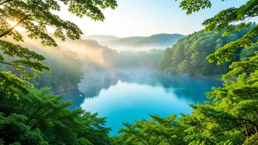 A stunning panoramic view of a lush Korean summer landscape in Gyeonggi-do province, featuring a clear blue lake surrounded by green trees, soft morning mist rising, warm sunlight filtering through leaves, photorealistic style, high detail, calm and serene atmosphere