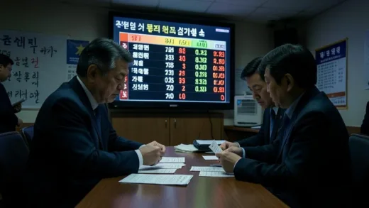 A tense election counting room in South Korea, two candidates with identical vote numbers on a large electronic board, election officials carefully recounting ballots by hand, dramatic lighting, photorealistic style