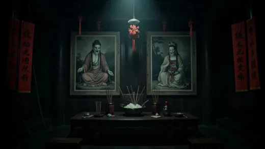 A traditional Chinese ghost wedding ceremony with two wedding portraits, incense, and red decorations in a dimly lit ancestral hall, eerie atmosphere, cinematic lighting, documentary style