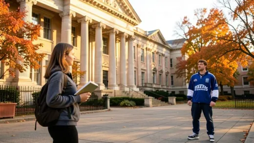 A university campus scene with classical architecture, a female music student holding books and a male hockey player in team jacket standing at a distance, golden autumn afternoon light