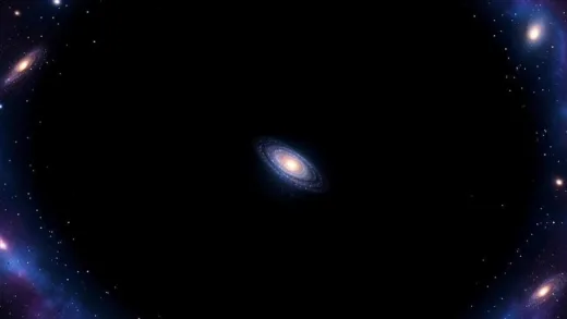 A vast cosmic void with scattered distant galaxies at the edges, a small spiral galaxy near the center of an empty dark space, ethereal blue and purple hues, cosmic scale perspective