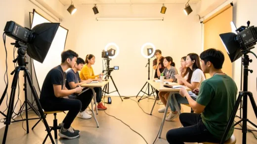 A vibrant modern Korean influencer studio setup with multiple cameras, ring lights, and smartphones on tripods, young content creators working energetically, bright and trendy atmosphere, warm lighting, 4k quality, commercial style