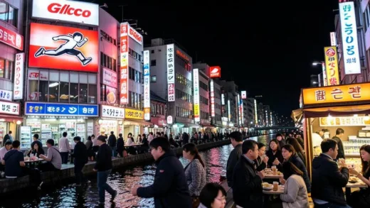 A vibrant night scene of Dotonbori Osaka with the famous Glico running man sign, neon lights reflecting on the canal, crowds of people eating street food, with a small Korean restaurant sign in the background glowing warmly