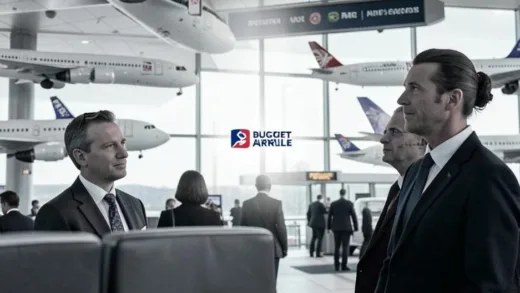 A visual metaphor for the end of an era in the airline industry, with a small, budget airline logo fading away and larger, more established airlines looking on.