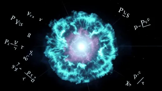 A visualization of quantum wave function collapsing, showing a probability cloud of a particle in space suddenly condensing into a single point, with mathematical symbols Psi floating in the background, digital art style