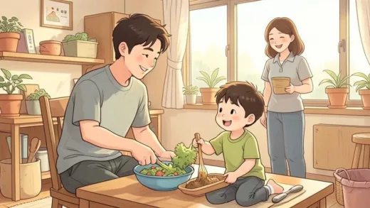 A warm illustration of a father and son doing household chores together in a cozy Korean home, with the mother smiling in the background, soft natural lighting, cartoon style, family bonding concept