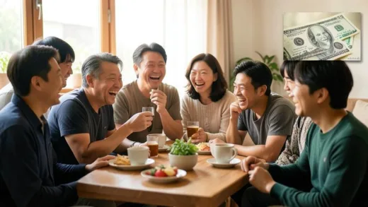 A warm scene of diverse Korean people laughing together at a casual gathering, with soft natural lighting and a cozy atmosphere, contrasting with a small faded image of money in the background