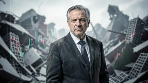 A weathered, experienced financial executive stands calmly amidst a chaotic, abstract representation of a global financial crisis, symbolizing resilience and strategic risk management. The background features blurred stock charts and collapsing building outlines.