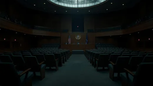 A wide shot of the empty United Nations General Assembly hall with dim lighting, showing abandoned seats and a somber atmosphere, photorealistic style