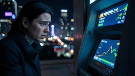 A worried person looking at an ATM screen showing a high exchange rate, with a background of city lights at night, 2026.