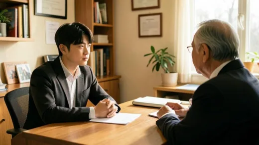 A young Korean man in his late 20s sitting nervously at a desk across from an older real estate agent in a small cozy office, warm afternoon light, documentary style photography