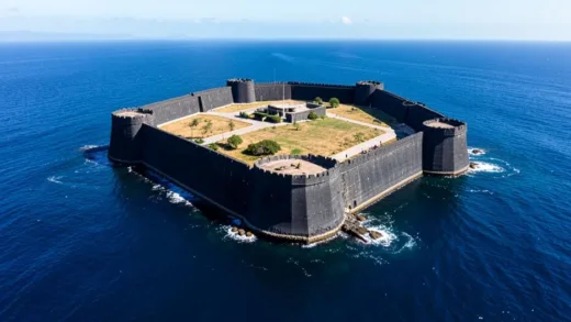 Aerial view of Murud Janjira island fortress rising from the Arabian Sea, massive black basalt walls surrounding the entire island, 19 circular bastions visible, surrounded by deep blue ocean water, bright sunny day, dramatic perspective from above