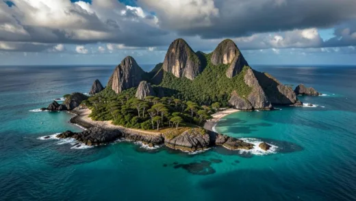 Aerial view of Socotra Island in the Indian Ocean, turquoise water surrounding rugged limestone mountains, alien-like landscape with Dragon Blood Trees scattered, dramatic clouds, cinematic lighting, National Geographic style photography
