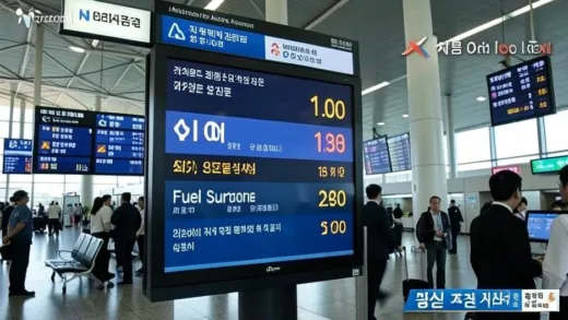 Airline ticket price display at Incheon Airport showing skyrocketing fuel surcharge with war and oil price news ticker in background