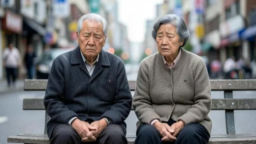 An elderly Korean couple looking worried while sitting on a simple bench, a city background blurred, emphasizing their financial struggles. The image should convey a sense of quiet hardship and reflection.