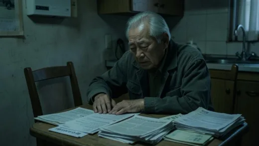 An elderly Korean man sitting alone at a small kitchen table in a dimly lit room, surrounded by piles of financial documents and unpaid bills, looking exhausted and desperate, realistic documentary style, muted colors, emotional atmosphere