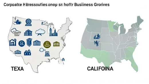 An infographic showing two states, Texas and California, with Texas having more corporate headquarters icons, symbolizing a shift in business gravity.
