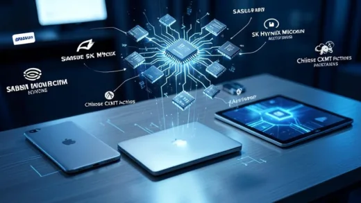Apple iPhone, MacBook and iPad devices arranged on a table, with memory chip components floating above them, illustrating supply chain connections to Samsung SK Hynix Micron and Chinese CXMT factories, photorealistic style, blue and silver tech tones