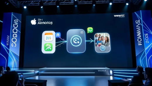 Apple WWDC 2026 keynote stage with a giant screen showing Siri AI interface interacting with multiple app icons like Calendar, Messages, Maps, and Photos in a seamless flow, photorealistic, high tech atmosphere, blue and silver color scheme