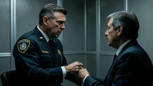 FBI special agent in a suit observing a suspect in an interrogation room, professional atmosphere, intense eye contact, psychological tension, photorealistic style, cinematic lighting