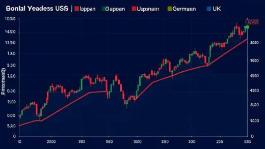 Global financial chart showing rising bond yields across US, Japan, Germany and UK, with red upward trending lines on a dark blue background, digital financial display