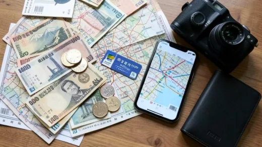Japanese Yen notes and coins scattered on a travel map of Tokyo, a Suica card next to a smartphone showing Tokyo metro map, travel essentials like passport and camera arranged neatly on wooden table