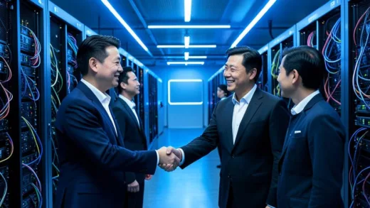 Jensen Huang CEO of NVIDIA shaking hands with Korean tech executives in a modern data center filled with GPU servers, blue LED lighting, futuristic atmosphere, photorealistic style