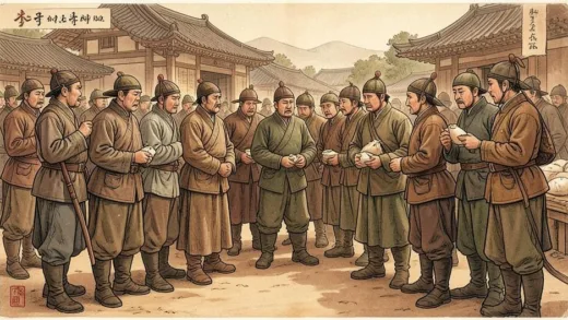 Joseon Dynasty soldiers in traditional uniforms standing in a line at a military garrison, receiving small sacks of rice as payment, looking worried and tired, historical Korean painting style, warm earthy color palette