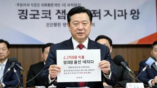 Korean government official holding a document announcing 2.2 trillion won debt write-off for small business owners, press conference scene with microphones