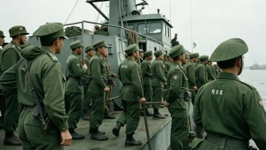 Korean Marine Corps soldiers boarding a naval ship in 1965, heading to Vietnam War, historical documentary style, muted green and brown tones, realistic military photography aesthetic