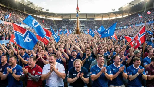 Norwegian football fans doing Viking clap and rowing motion in a large stadium, unified crowd moving like a ship, blue and red flags waving, epic atmosphere, cinematic wide shot, 2026 World Cup