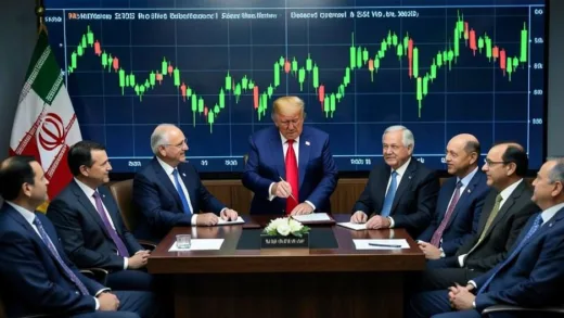 President Trump signing a peace agreement with Iran at a formal ceremony, with world leaders watching, stock market charts showing massive green candles in the background, modern political atmosphere