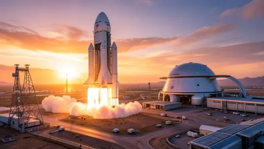 SpaceX Falcon 9 rocket launching at sunrise with Starship in background, futuristic spaceport scene, cinematic lighting, 4K high detail