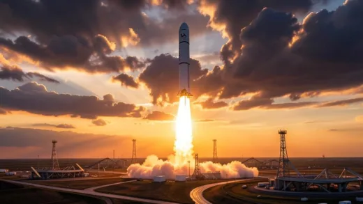 SpaceX Falcon 9 rocket launching at sunset with dramatic clouds, multiple launch pads visible in background, photorealistic style, cinematic lighting showing rocket dominance
