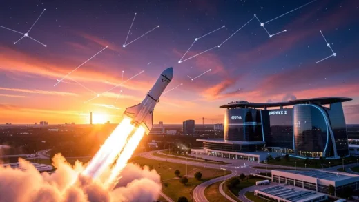 SpaceX Falcon 9 rocket launching at sunset with Starlink satellites visible in orbit, futuristic SpaceX headquarters in background, 4K cinematic quality, photorealistic