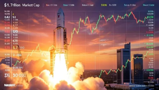 SpaceX rocket launching at sunset with financial stock market tickers and charts overlay showing $1.7 trillion market cap, Nasdaq building in background, digital finance aesthetic