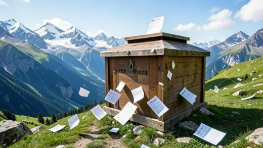 Swiss alpine landscape with a giant ballot box and voting papers floating down, contrasting natural beauty with the concept of population control, photorealistic style