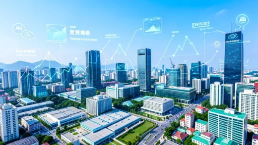 Vibrant image of Taiwan's modern cityscape with digital overlays representing economic growth and AI technology, showcasing advanced semiconductor factories and bustling financial districts under a clear sky.
