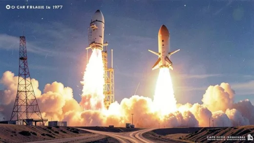 Voyager 1 and 2 spacecraft launching from Cape Canaveral in 1977 aboard Titan III-Centaur rockets, dramatic liftoff with flames and smoke, retro style, high detail