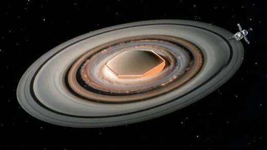 Voyager 1 spacecraft flying past Saturn's rings showing the complex ring structure and hexagonal storm at the north pole, 1980s style photograph, deep space background