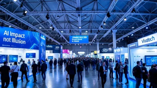 Wide shot of Vivatech 2026 exhibition hall at Paris Expo Porte de Versailles, massive crowd of visitors walking between high-tech booths, large Vivatech 2026 banner with slogan 'AI Impact not Illusion', blue and white lighting, futuristic atmosphere, wide angle photography