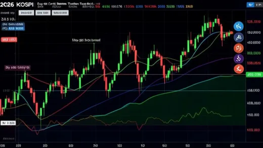 2026 KOSPI stock market chart showing extreme volatility with buy-side circuit breakers triggered multiple times, bull market volatility surpassing 2008 financial crisis levels, futuristic financial data visualization with red and green candles and sidecar icons