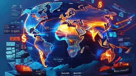 A 3D infographic style showing a globe with trade routes illuminated in blue and orange, arrows crossing borders with dollar signs and cargo ships, a split view showing trade volume rising on a chart despite political barriers like wall fragments floating around
