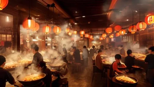 A bustling Haidilao hot pot restaurant interior in Korea, customers enjoying meals with steam rising from spicy broth, employees performing noodle dance, warm lighting, modern Asian interior design, high energy atmosphere, photorealistic style