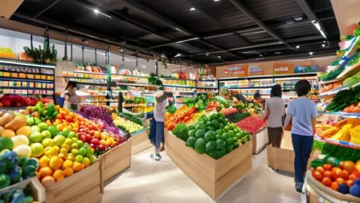 A busy and well-stocked Homeplus Express supermarket in South Korea, fresh produce section fully stocked with colorful fruits and vegetables, customers shopping happily, bright and clean interior, modern retail design, photorealistic style