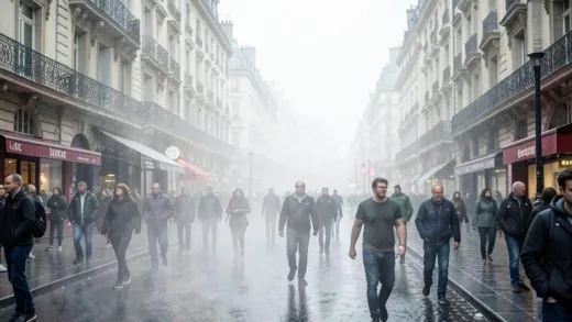 A busy street in Paris during a severe heatwave, people struggling in 40 degree Celsius heat, heat haze rising from the asphalt, historic buildings in background, thermometer showing 40C, photorealistic style