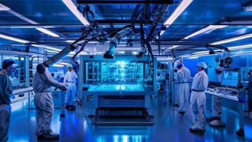 A clean semiconductor cleanroom with a large immersion DUV lithography machine in the center, blue lighting, robotic arms, and engineers in white suits monitoring the equipment, highly detailed industrial photography style