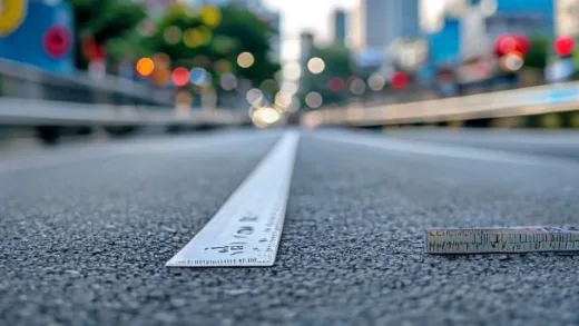 A close-up photo showing a 9cm height difference on a bridge road surface in Seoul, with a ruler measuring the gap, warning signs nearby, and blurred city background during daytime