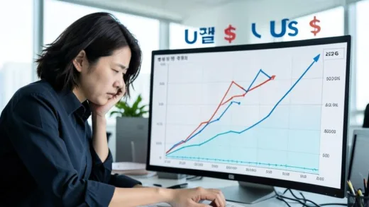 A confused person looking at a chart showing a rising exchange rate despite a strong trade surplus, with Korean won and US dollar symbols in the background, set in an office environment in 2026.