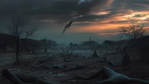 A deserted African village bathed in an eerie silence at dawn, with human and animal figures lying still as if frozen in time. A mysterious, invisible gas seems to have caused the tragedy.